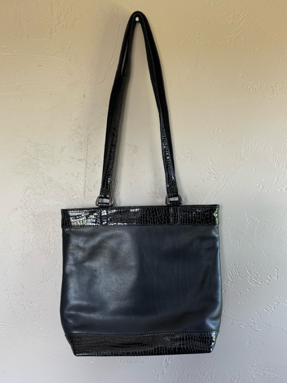Vintage Black Leather Tote Bag with Croc Trim SAS